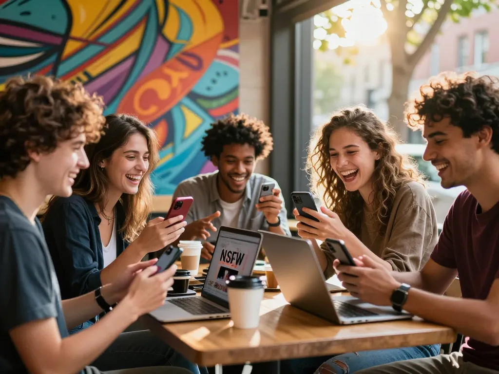 Friends enjoying NSFW content discussion at trendy café.