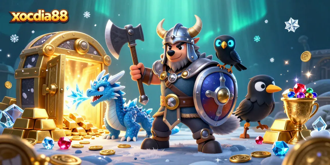 Xocdia88 presents a vibrant 3D cartoon scene featuring a Viking wolf warrior, fierce dragon, and a glowing raven amidst treasure elements.