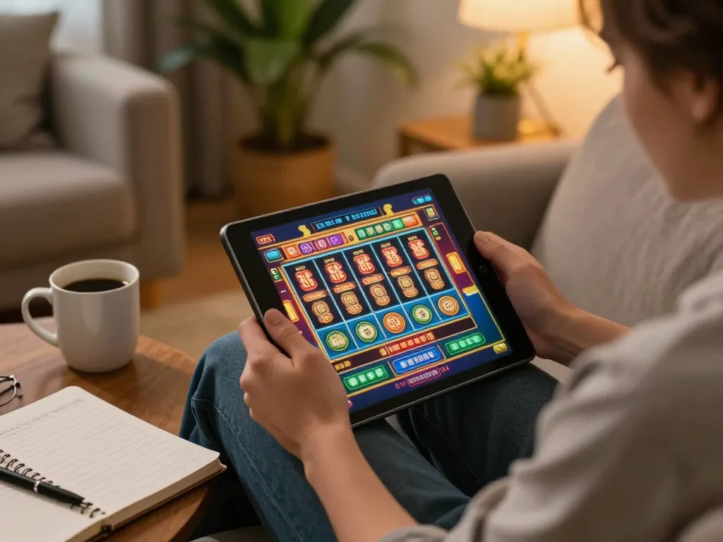 Engaging in online gaming with 88xeng on a cozy sofa, showcasing dynamic tablet interface.