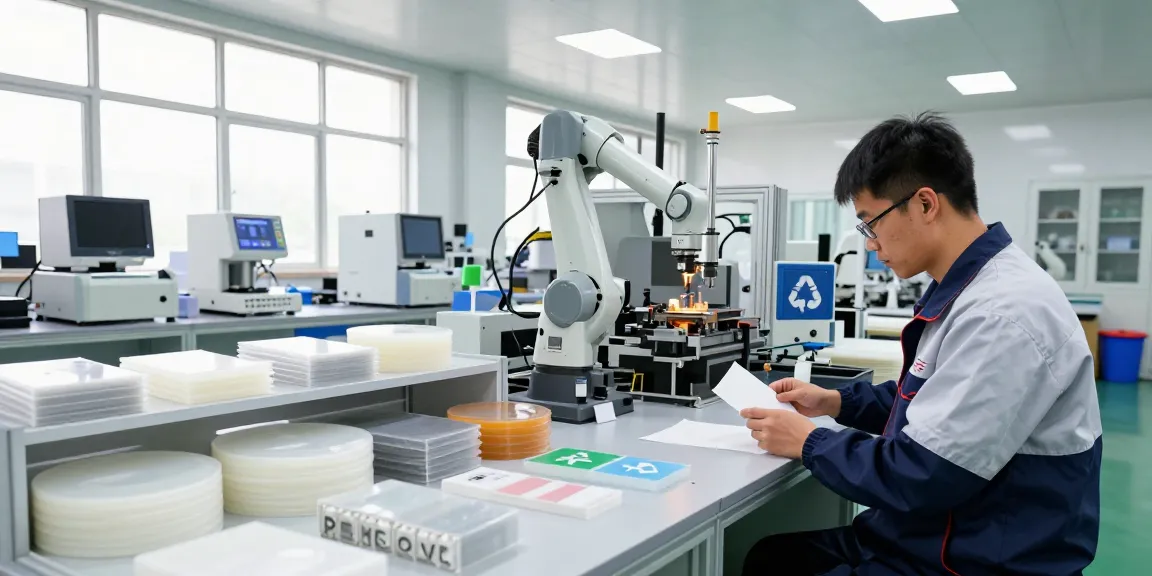 Engineering Plastics manufacturing facility with engineers examining PEEK and PP materials in a bright workspace.