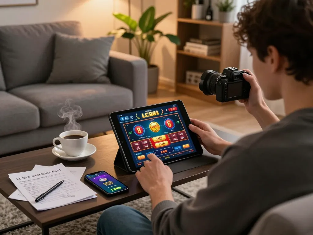 Player engaging with the LC88 online casino app on a tablet in a cozy home setting, showcasing modern gambling.