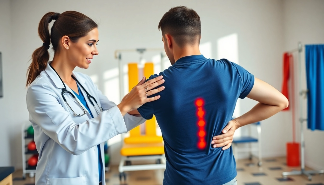 Patient engaging in lower back pain treatment with a physiotherapist in a bright clinic.