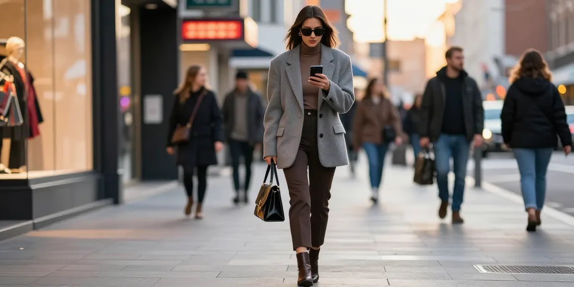 Fashionable woman showcasing the latest trends in women's fashion on a city street.
