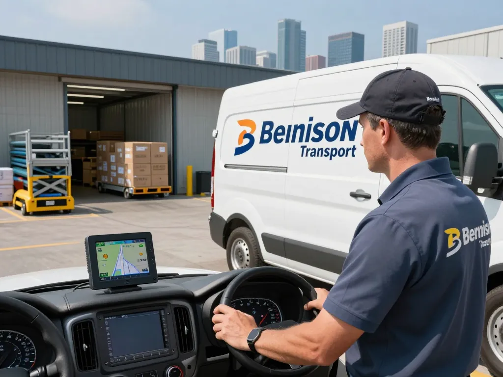 Same day couriers preparing for delivery with a clean tracked van and professional driver in a logistics setting.