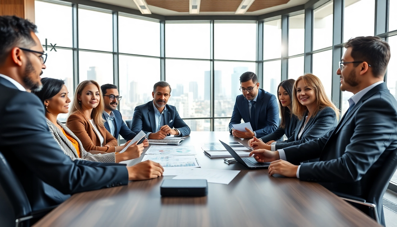 Engaged business professionals discussing Contract Management strategies in a modern office setting.