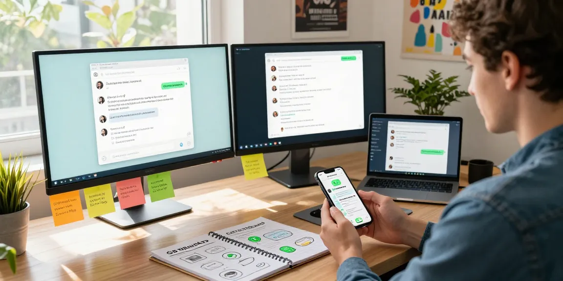 Explore innovative features of GB WhatsApp in a modern workspace with dual monitors and smartphone.