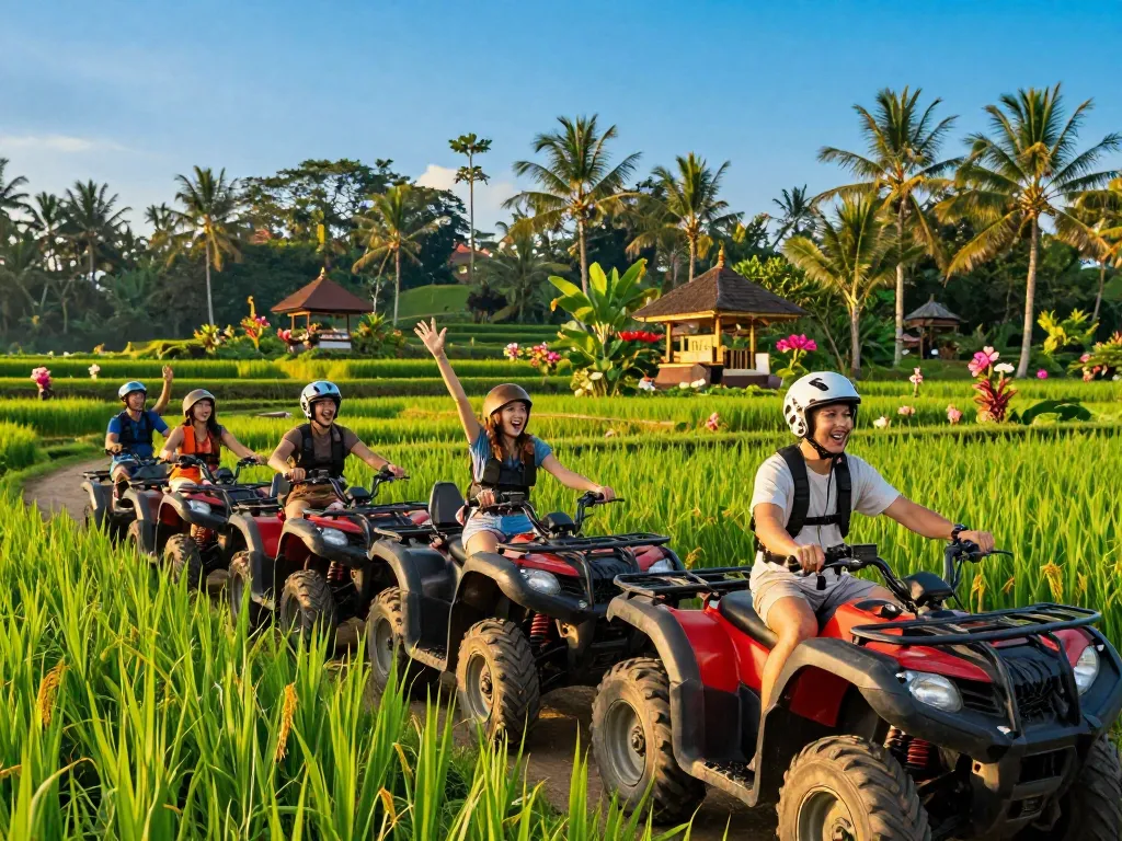 Find Bali tour packages with adventurous friends enjoying an ATV ride through lush landscapes.