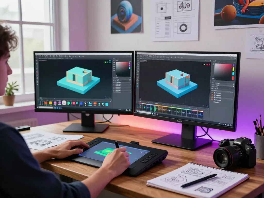 Designer using a 3D model generator in a modern workspace with dual monitors and creative elements.