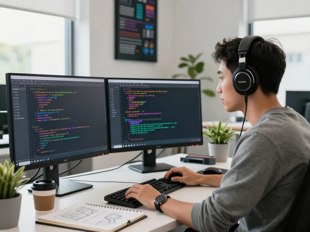 Developer writing code for WPS software in a modern workspace
