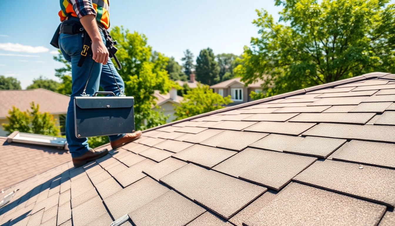 Roofing contractor inspecting a residential roof showcases professionalism and quality service.
