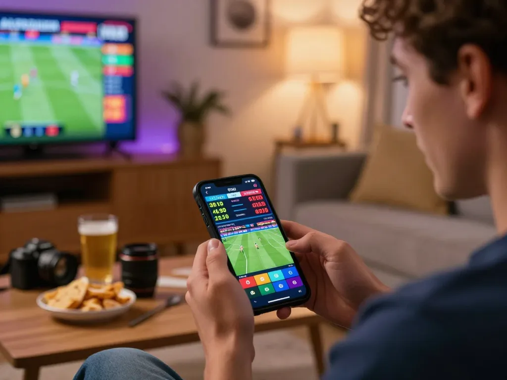 Excited player using OKFUN app for online football betting in a cozy setting