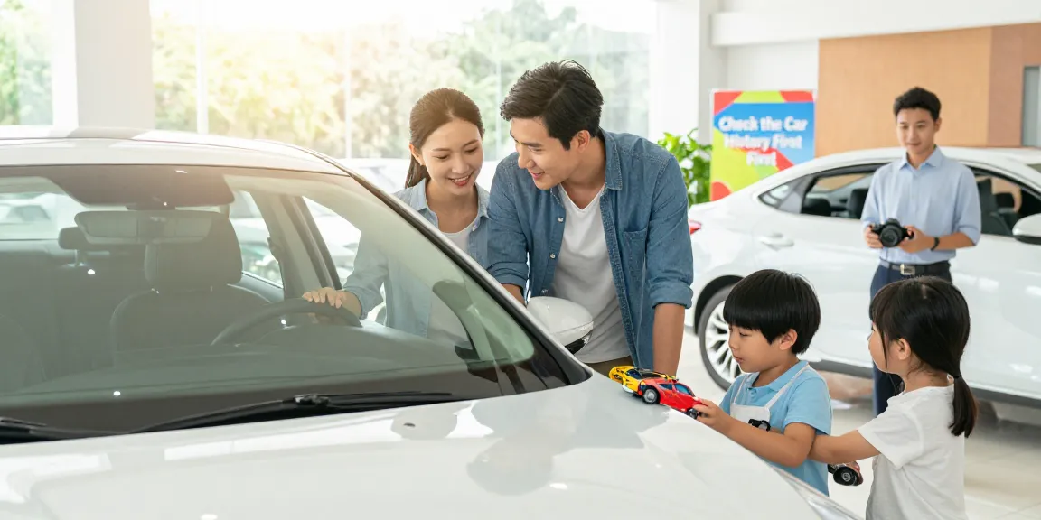 Happy family using a car check UK service while inspecting a used vehicle in a bright dealership.