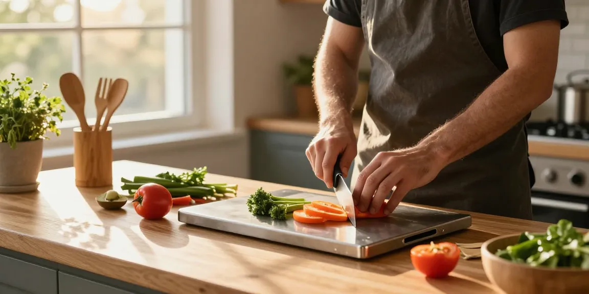 Home cook using a titanium cutting board to chop fresh vegetables in a cozy kitchen setting.