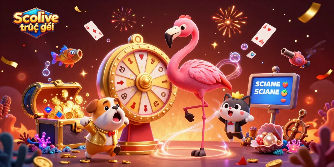 Engage in Socolive trực tiếp with an exciting game show scene featuring vivid prizes and dynamic characters.