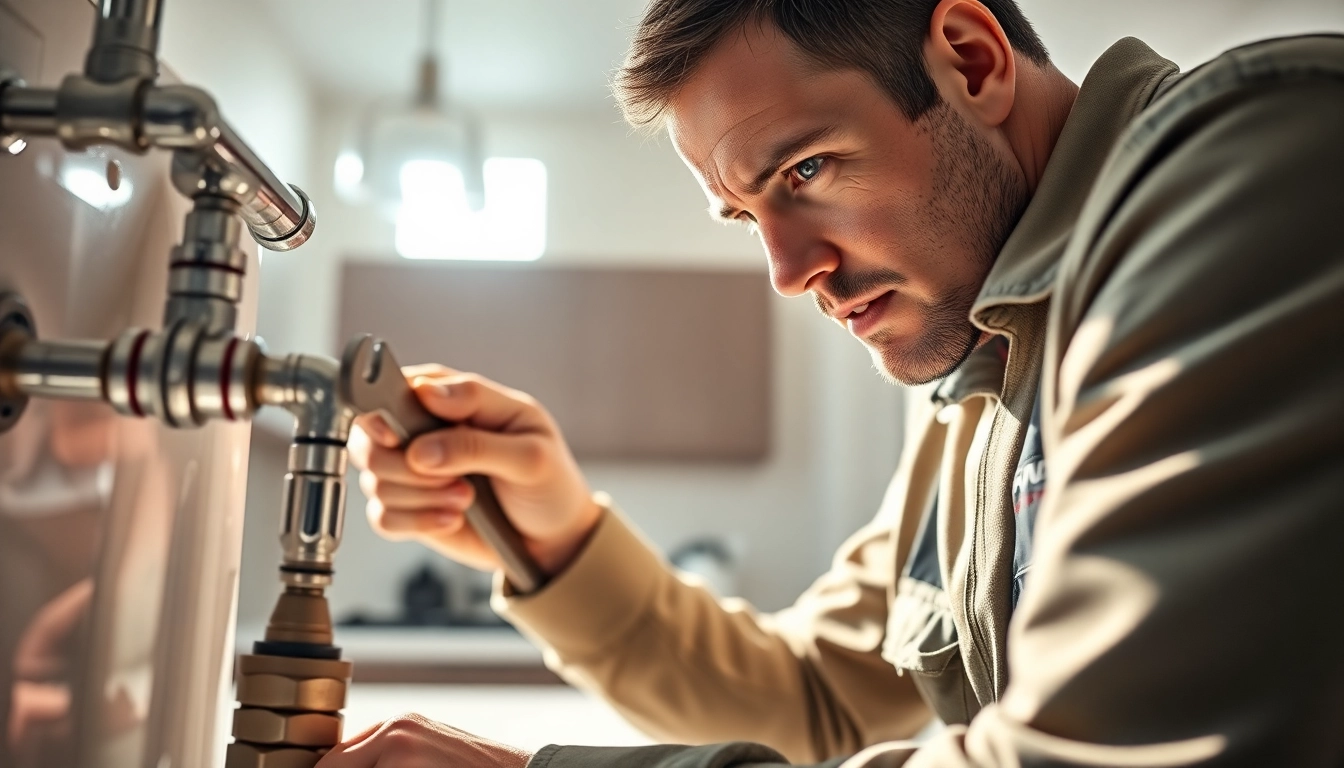 Find a skilled plumber near me repairing pipes in a modern kitchen.