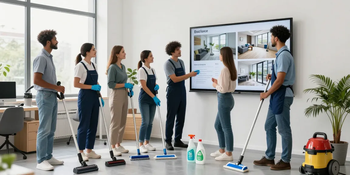 Team of cleaning professionals collaborating in a bright office, showcasing their expertise in reinigungsfirmen bern.