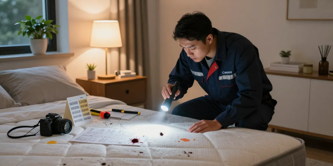 Bed bug exterminators inspecting a bedroom for signs of infestation.