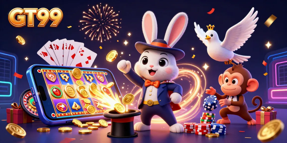 Win exciting prizes at GT99 with a mesmerizing 3D illustration showcasing a magician rabbit, a glamorous dove, and a monkey!