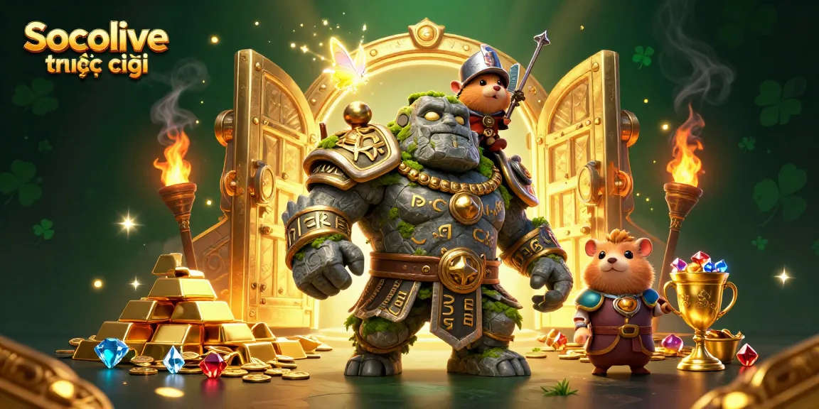 Experience Socolive trực tiếp with a dynamic scene of fantasy guardians and treasures, perfect for online casino adventures.