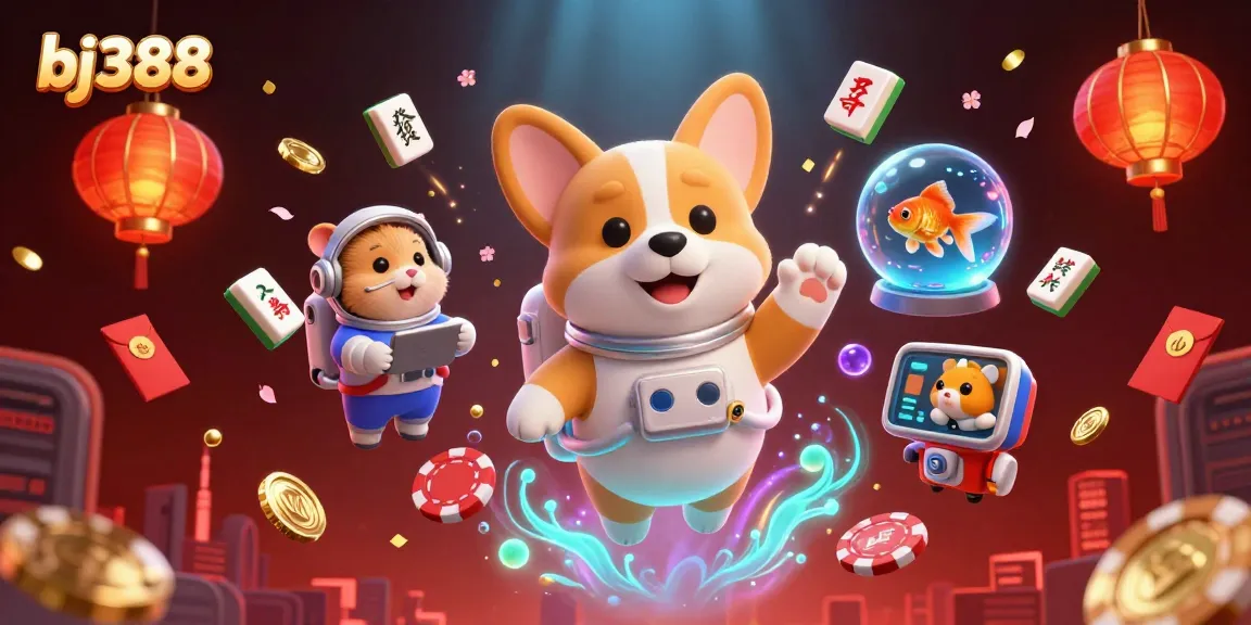 Experience thrilling gaming at bj388 with a dynamic floating casino scene filled with excitement and vibrant details.
