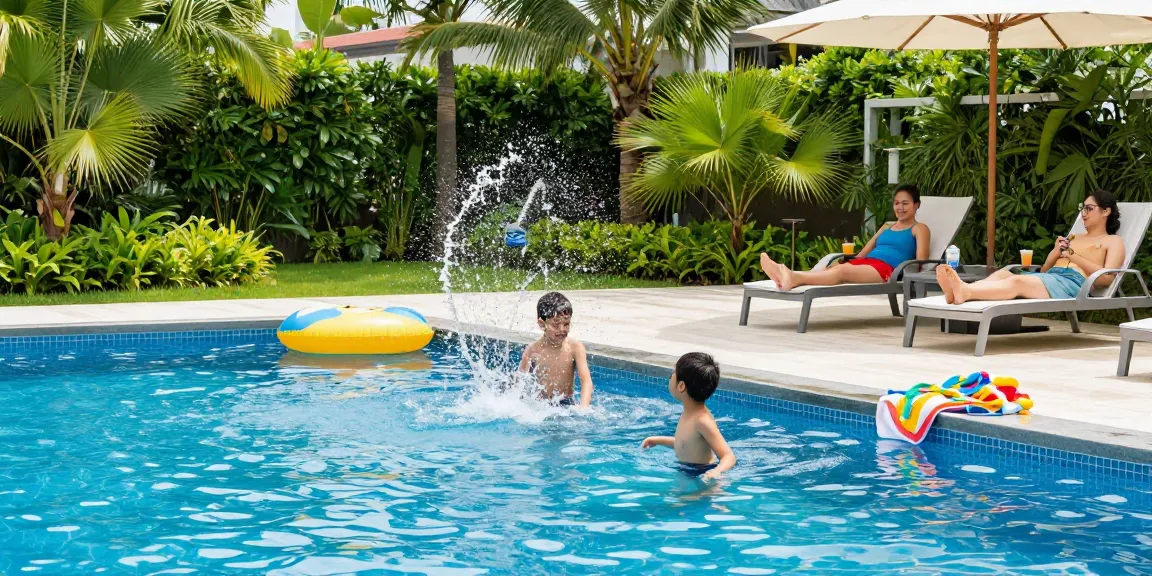 Dolphin Pool Services team provides maintenance for a vibrant poolside family fun experience.