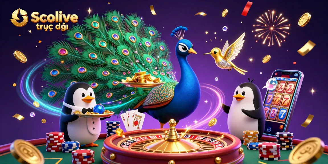 Socolive trực tiếp brings thrilling sports betting action with a vibrant 3D illustration showcasing a peacock, a penguin butler, and a hummingbird.