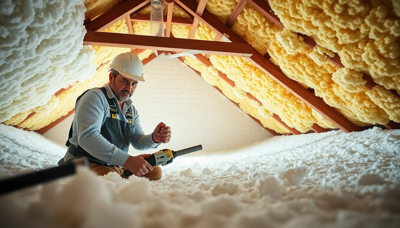Visualizing spray foam removal UK process with a contractor at work in an attic.