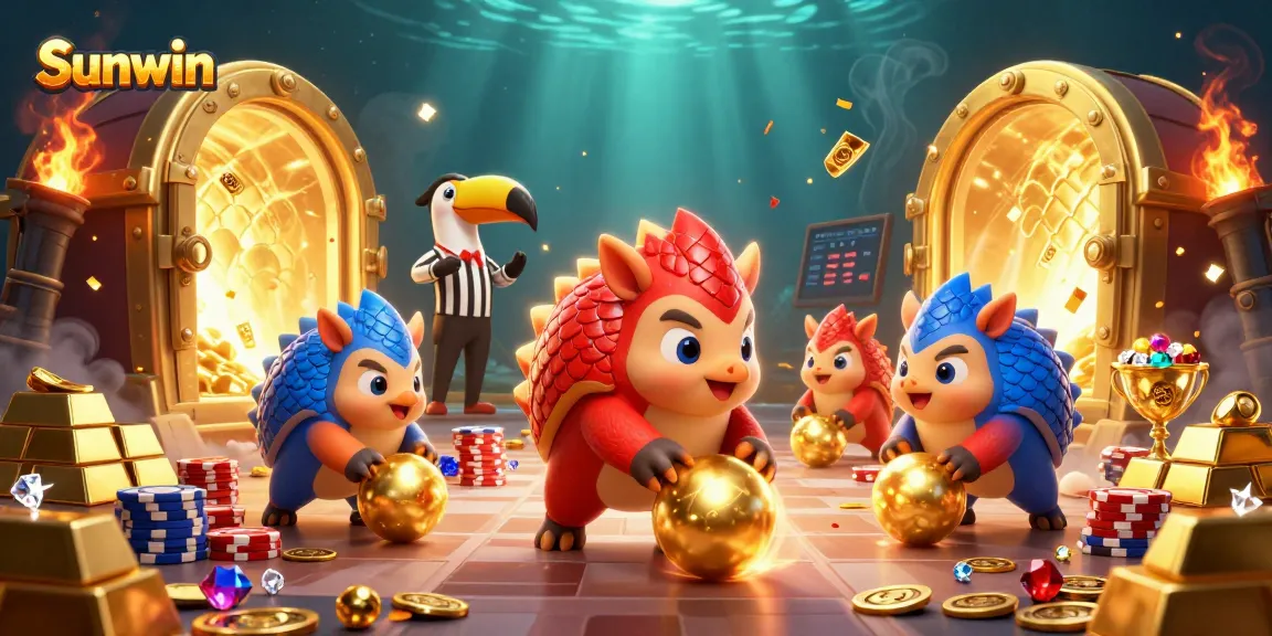 Experience thrilling wins at Sunwin while rival pangolins compete amidst sparkling treasures and vibrant casino action.