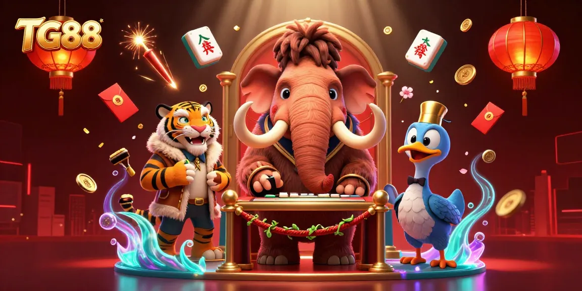 Experience the excitement at TG88 with a vibrant 3D casino scene featuring unique characters and festive elements.