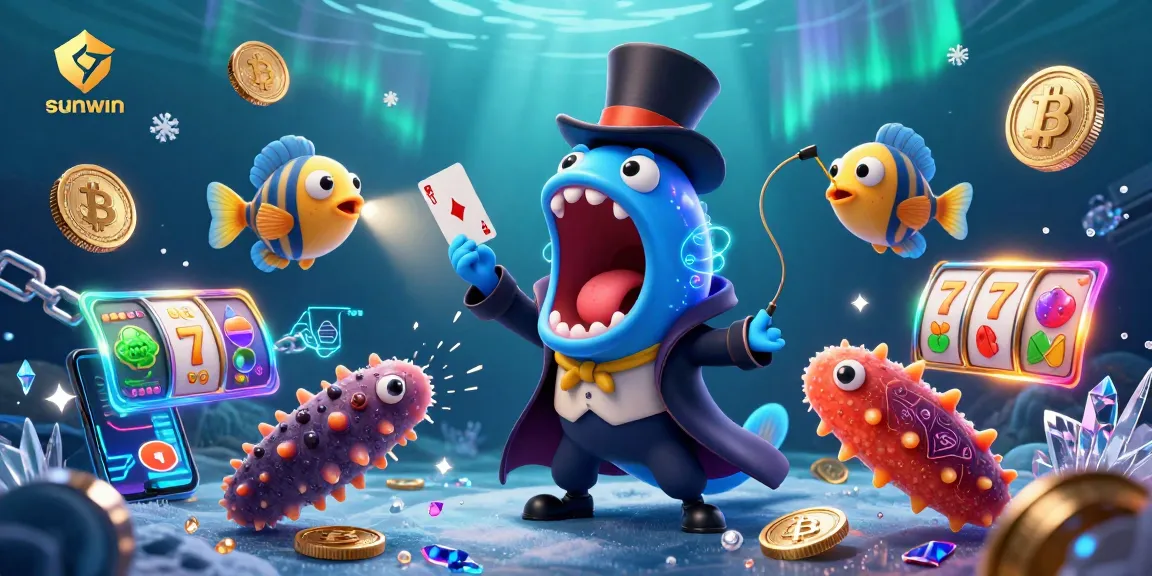 Engage in thrilling card tricks with sunwin’s underwater casino characters amidst glowing cryptocurrency elements.