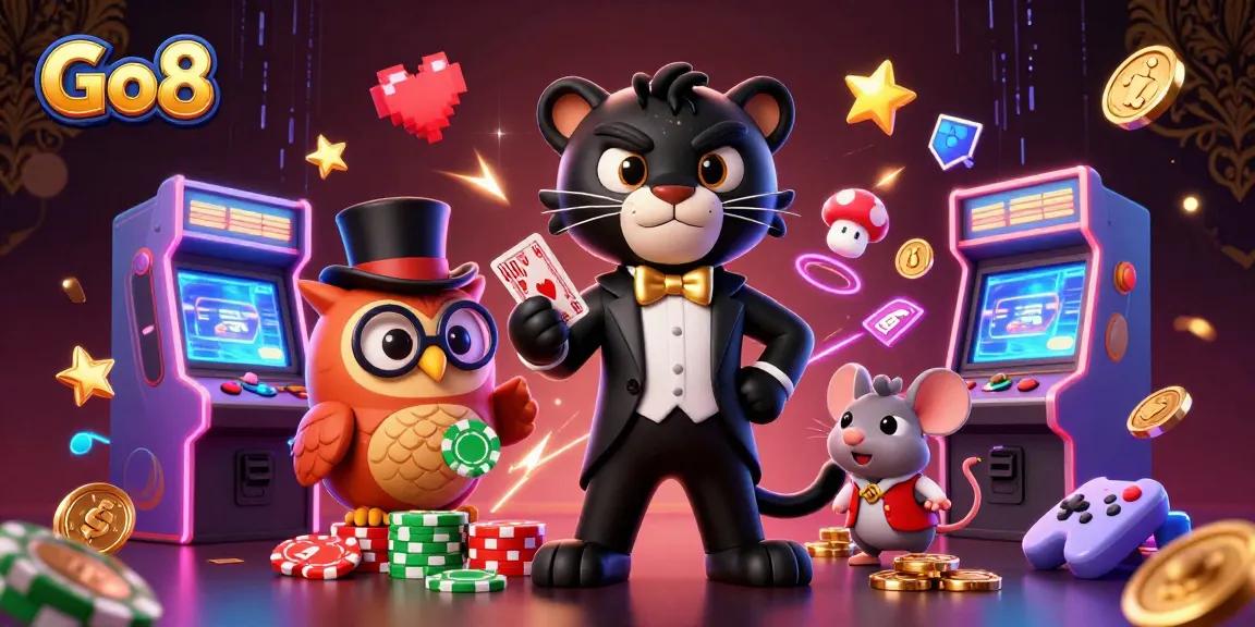 Engage in thrilling gameplay at Go8 with a stylish dealer, poker chips, and vibrant casino elements.