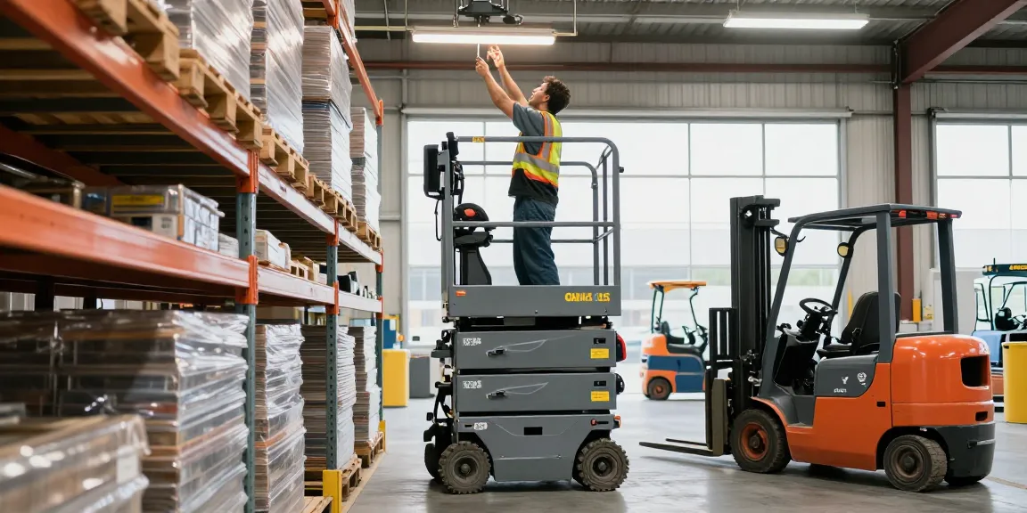 Operator using the best electric scissor lift in Texas for overhead maintenance in a bright warehouse.