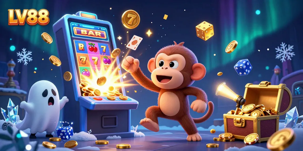 LV88 showcases thrilling casino action with a playful monkey and determined puppy tracking gold treasures.