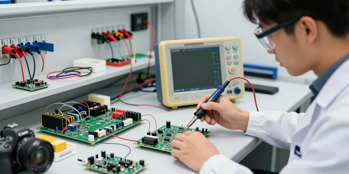 Technician using Handheld Portable Oscilloscope on a circuit board in a modern workshop