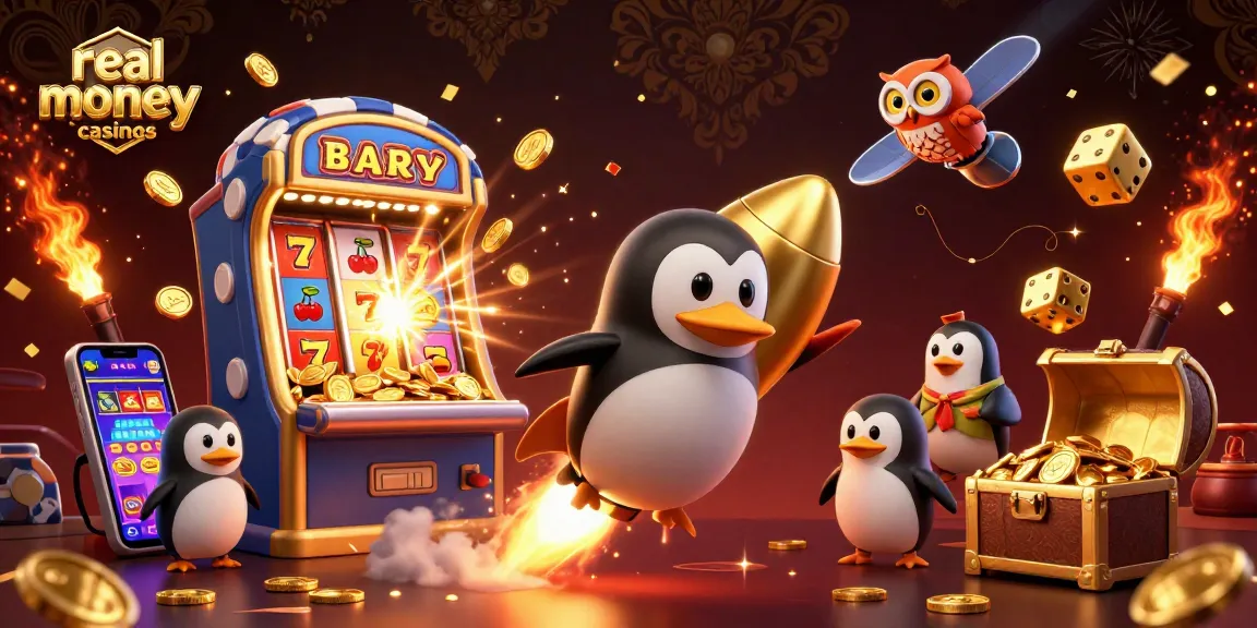 Experience real money casinos with a golden penguin, jackpots, and vibrant casino elements.